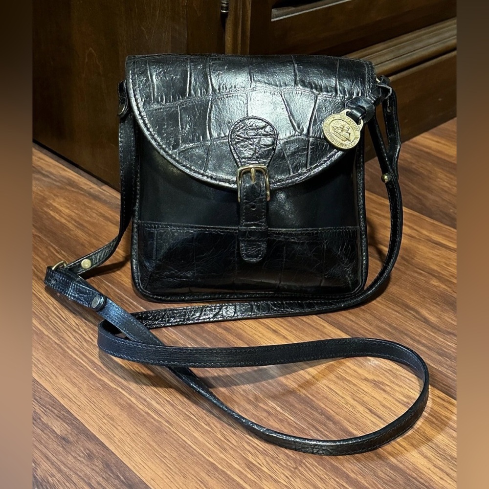 Brahmin Crossbody Bag Purse Handbag Black Embossed Croc Leather 80s Made USA VTG